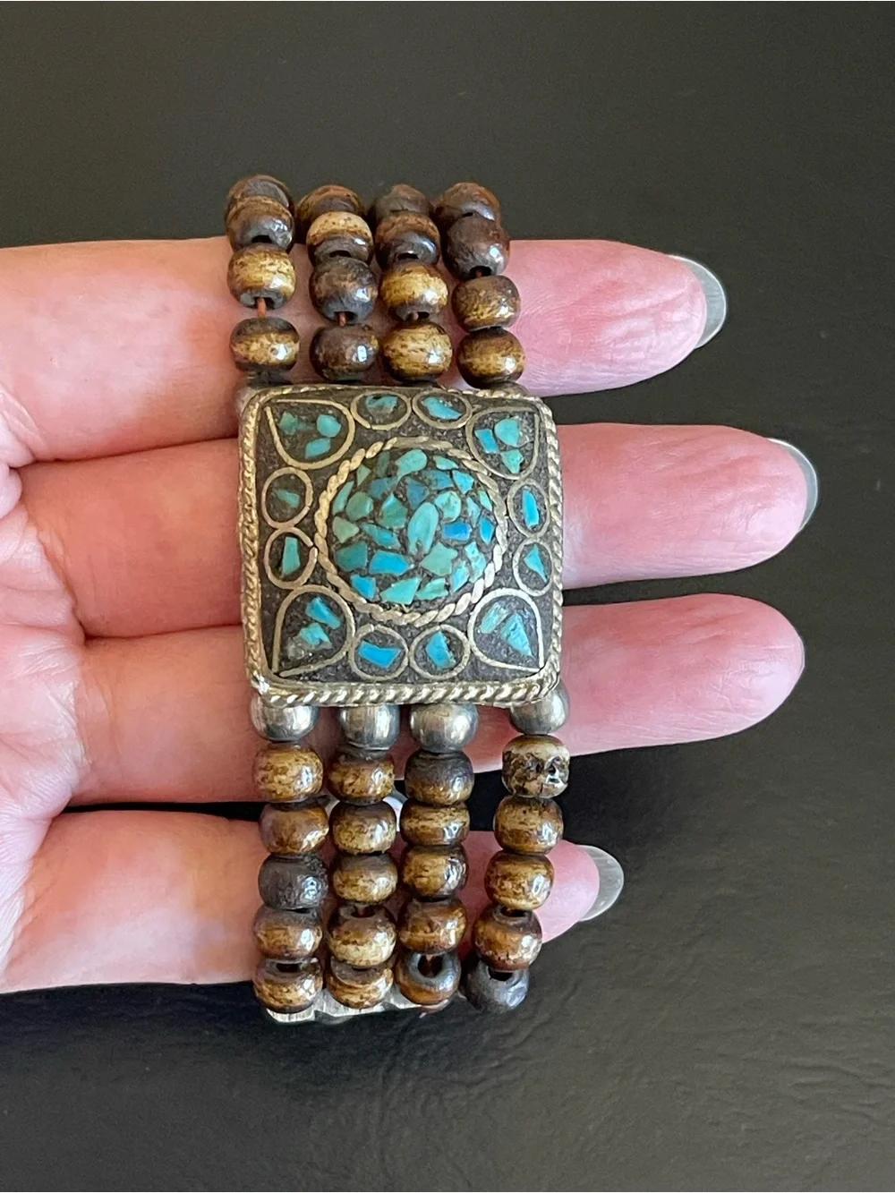 Vintage Turquoise Inlay and bone Statement Bracelet